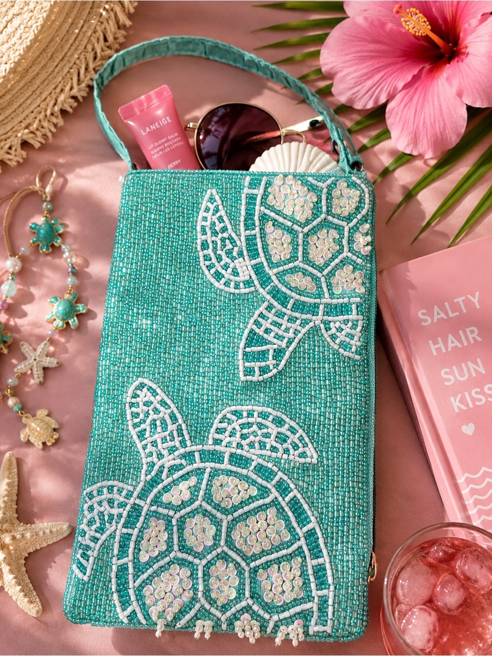 Bamboo Trading Co. Hand-Beaded "Swimming Turtles" Club Bag crossbody